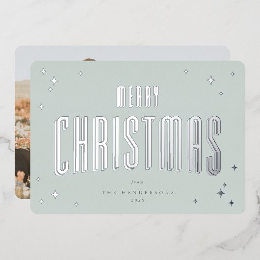 グリーン淡い色のメリークリスマスレトロ星写真 箔シーズンカード (正面/裏面)