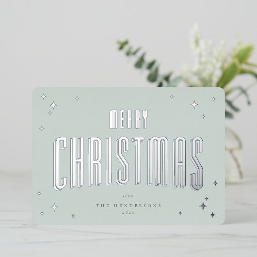グリーン淡い色のメリークリスマスレトロ星写真 箔シーズンカード (立ち正面)