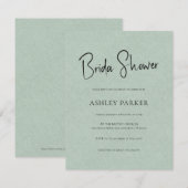 グリーン淡い色のリネンシンプルブラックスクリプトブライダルシャワー 招待状 (正面/裏面)