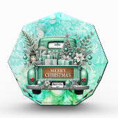 グリーン淡い色のヴィンテージトラックメリークリスマス フォトブロック (正面)