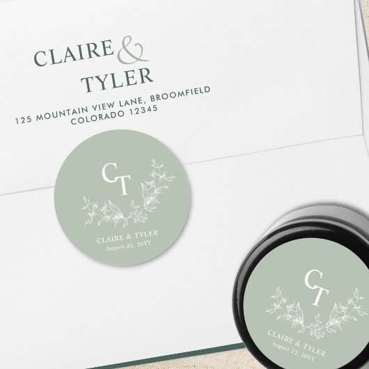 グリーン淡い色の結婚モノグラム封筒用シール ラウンドシール