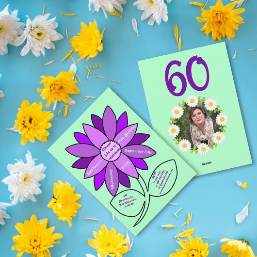 グリーン淡い色の60誕生日パープルシンプルひまわり 招待状