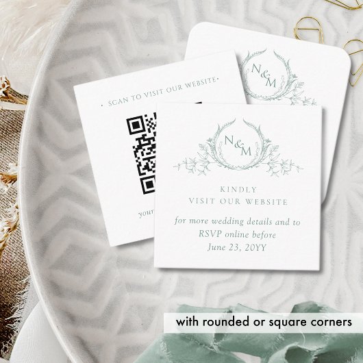 グリーン淡い色のQRコードウェディングRSVPウェブサイトモノグラム エンクロージャーカード