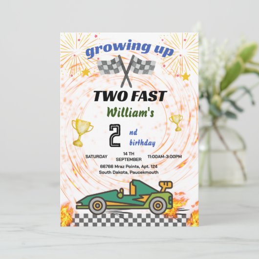 グリーン男の子の車レース車2速2番目の誕生日 招待状 (スタンド正面)