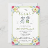 グリーン男女兼用ボーイ&ガールツインズベビーシャワー 招待状 (正面)