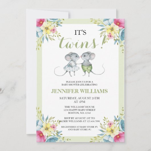 グリーン男女兼用ボーイ&ガールツインズベビーシャワー 招待状 (正面)