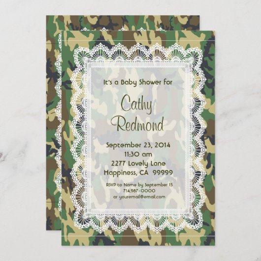 グリーン男女兼用迷彩柄レースベビーシャワーV11 招待状 (正面/裏面)
