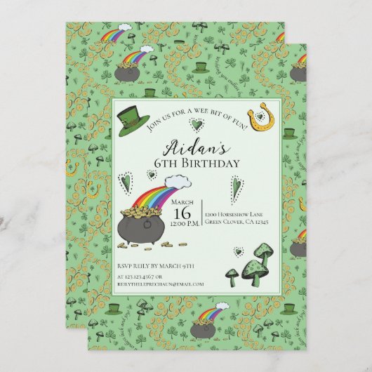 グリーン男女兼用St patricks day子供の誕生日 招待状 (正面/裏面)