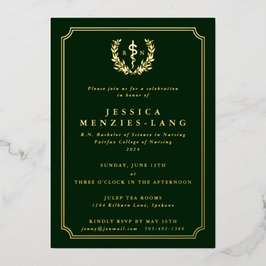 グリーン登録ナースアスクレピウス+ローレルリース 箔招待状 (正面)
