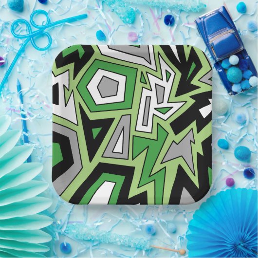 グリーン白黒グレイAro幾何学抽象芸術 ペーパープレート (パーティー)