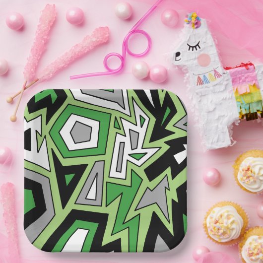 グリーン白黒グレイAro幾何学抽象芸術 ペーパープレート (パーティー)