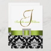 グリーン白黒ダマスクイニシャルウェディング招待 招待状 (正面/裏面)