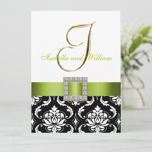 グリーン白黒ダマスクイニシャルウェディング招待 招待状 (スタンド正面)