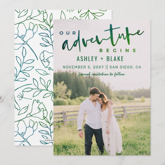 グリーン私たちの冒険が始まる写真を保存する日付 案内状 (正面/裏面)