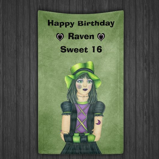 グリーン系のゴスガールSweet16の誕生日タトゥーデザイン 横断幕
