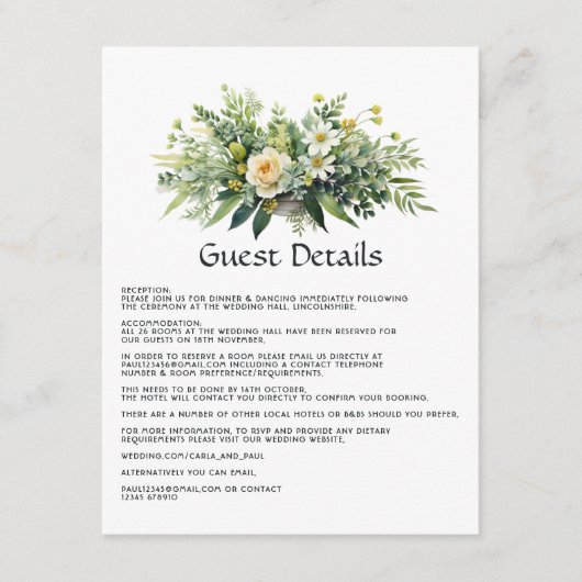 グリーン系フラワーモチーフの結婚式ゲスト用詳細カード エンクロージャーカード (正面)