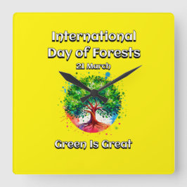 グリーン素晴らしだ。森国際的の日(IDF) スクエア壁時計