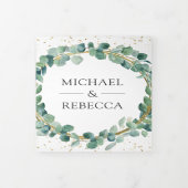 グリーン素朴と金ゴールドユーカリリース結婚ズ 三つ折り招待状 (カバー)