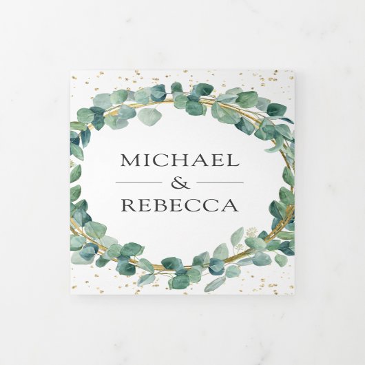 グリーン素朴と金ゴールドユーカリリース結婚ズ 三つ折り招待状 (カバー)