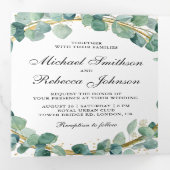 グリーン素朴と金ゴールドユーカリリース結婚ズ 三つ折り招待状 (内部最初)