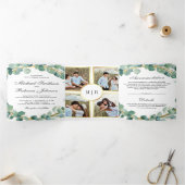 グリーン素朴と金ゴールドユーカリリース結婚ズ 三つ折り招待状 (内部)