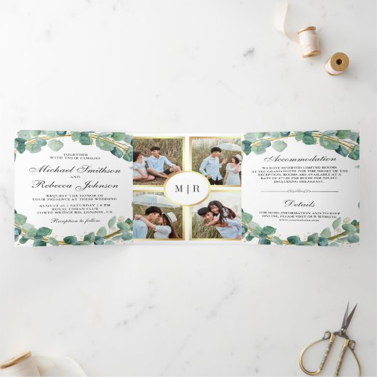 グリーン素朴と金ゴールドユーカリリース結婚ズ 三つ折り招待状 (内部)