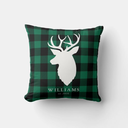 グリーン素朴の格子模様とトナカイのクリスマス クッション (正面)