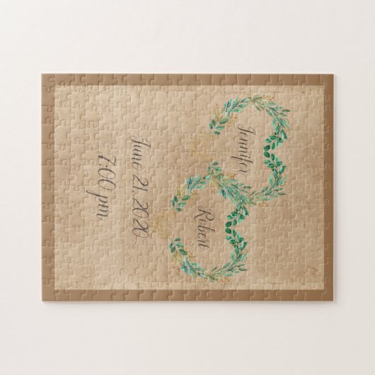 グリーン素朴アンティークハートビューティ結婚フルズ ジグソーパズル (横)