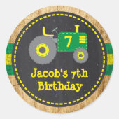 グリーン素朴イエロートラクター誕生日フェイスステッカー ラウンドシール (正面)