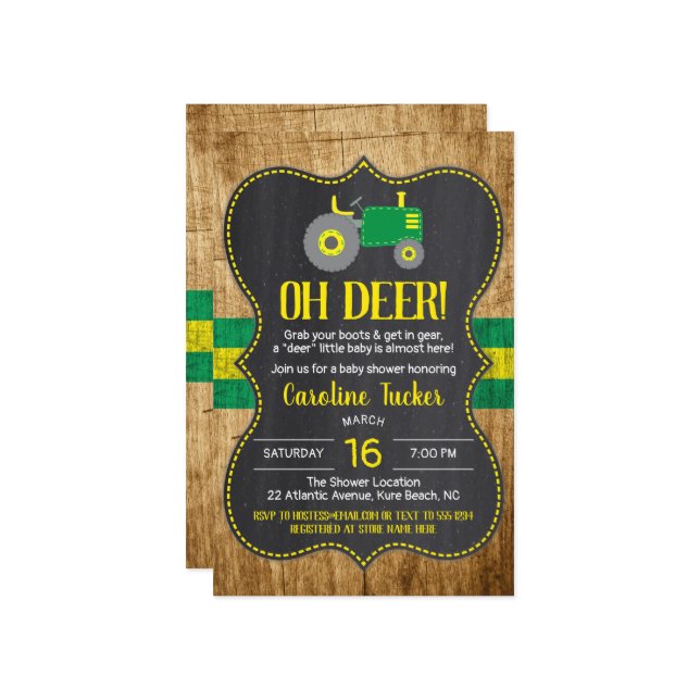 グリーン素朴イエロートラクター赤ちゃんシャワー招待状 (正面/裏面インサイチュ)