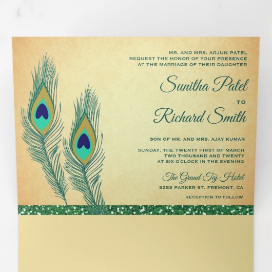 グリーン素朴インディアンピーコックフェザー結婚ズ 三つ折り招待状 (内部最初)