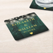 グリーン素朴ウッドボーホバーンストリングライツ結婚ズ スクエアペーパーコースター (アングル)