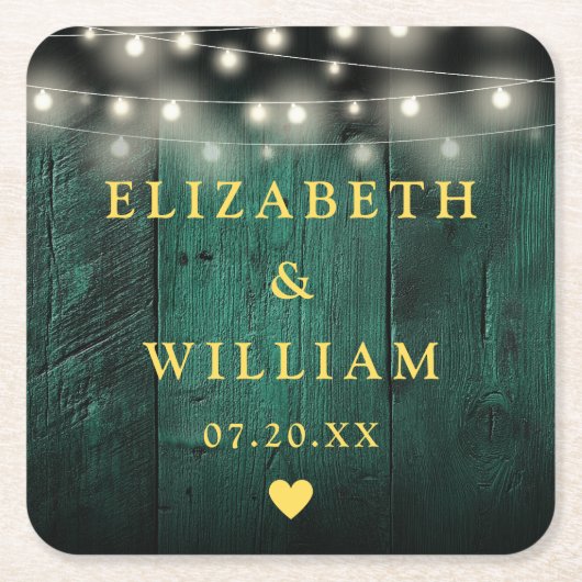 グリーン素朴ウッドボーホバーンストリングライツ結婚ズ スクエアペーパーコースター (正面)