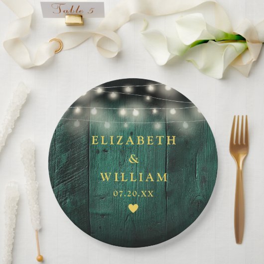 グリーン素朴ウッドボーホバーンストリングライツ結婚ズ ペーパープレート (ウェディング)