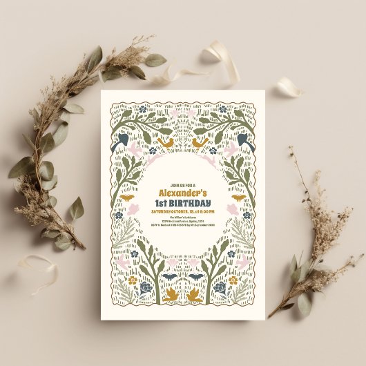グリーン素朴ウッドランドシダ1st誕生日 招待状