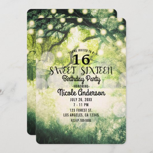 グリーン素朴エンチャントフォレストライトスウィート16 招待状 (正面/裏面)