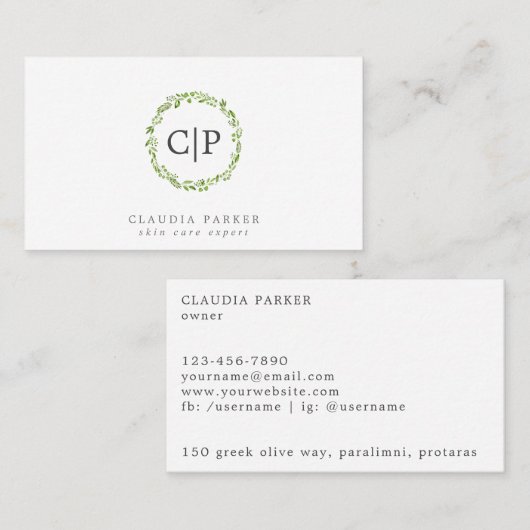 グリーン素朴オリーブリーフリースモノグラム 名刺 (正面/裏面)