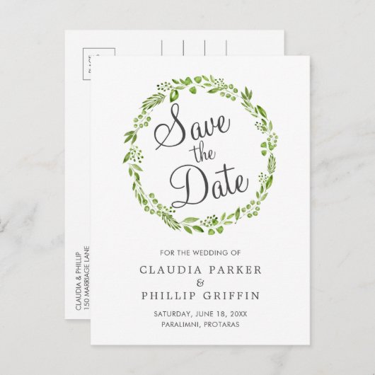 グリーン素朴オリーブリーフリース日付の保存 案内ポストカード (正面/裏面)