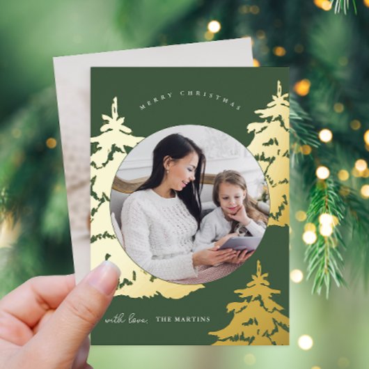 グリーン素朴クリスマスツリーツーフォトホリデー 箔シーズンカード
