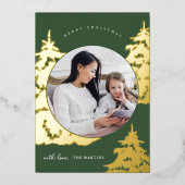 グリーン素朴クリスマスツリーツーフォトホリデー 箔シーズンカード (正面)