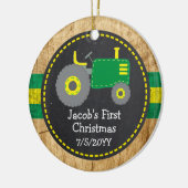 グリーン素朴トラクター初めてのクリスマスウッドフォト セラミックオーナメント (左)