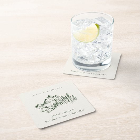グリーン素朴パインウッズマウンテンスケッチ結婚ズ スクエアペーパーコースター (インサイチュ)