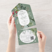 グリーン素朴パイン&ホリーウィンタースパークルQRコード オールインワン招待状 (貼ってはがせる)