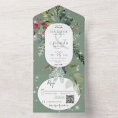 グリーン素朴パイン&ホリーウィンタースパークルQRコード オールインワン招待状 (内側)