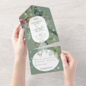 グリーン素朴パイン&ホリー冬スパークルノーディナー オールインワン招待状 (貼ってはがせる)