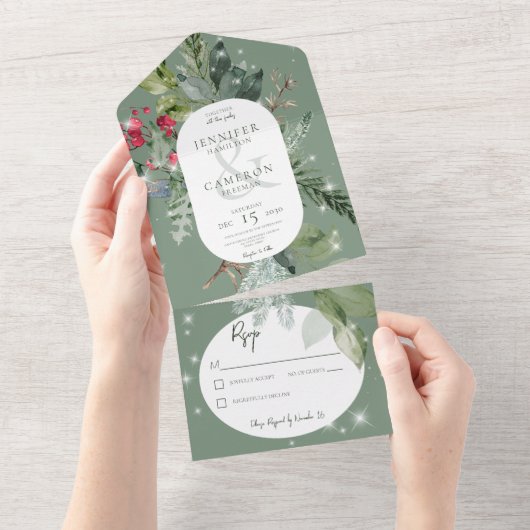 グリーン素朴パイン&ホリー冬スパークルノーディナー オールインワン招待状 (貼ってはがせる)