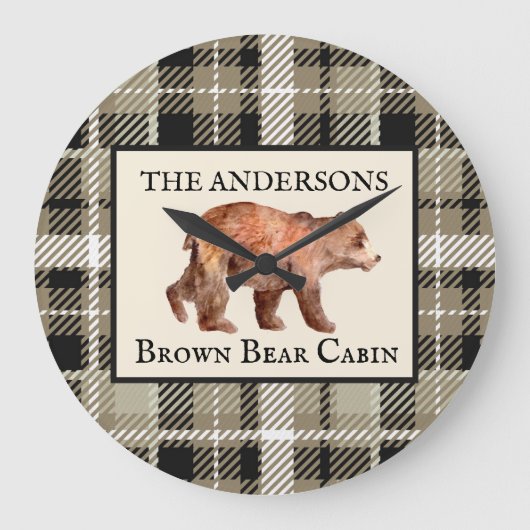 グリーン素朴プレイドキャビンベアデコールカスタム ラージ壁時計 (正面)