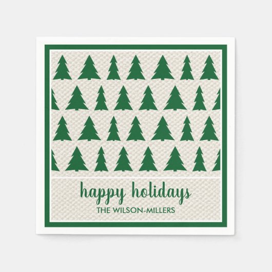 グリーン素朴ベージュツリーパターンネームホリデーパーティー スタンダードカクテルナプキン (正面)