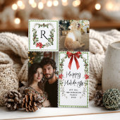 グリーン素朴モノグラム弓メリークリスマス2写真 シーズンカード