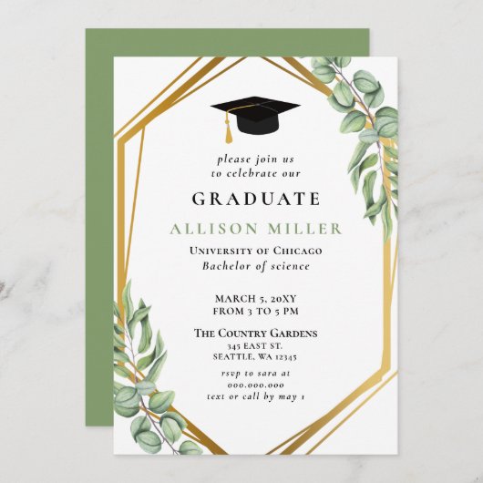 グリーン素朴ユーカリ金ゴールド幾何学卒業 招待状 (正面/裏面)